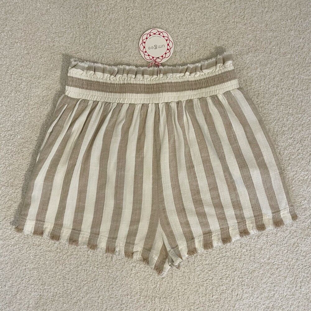 Umgee *New* Striped Shorts Size Medium Cream Beige Cotton Linen Boho Neutral NWT - Picture 2 of 7
